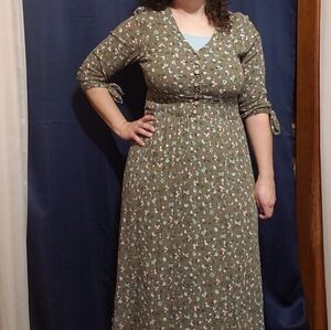 Olive/Pea Green Floral Midi Dress
